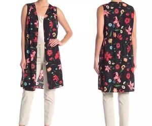 Pleione Floral Duster Vest Open Front Sleeveless Black / Red Size M, Side Split